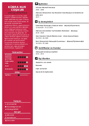 Biyoloji Öğretmeni CV Örnekleri cv indir